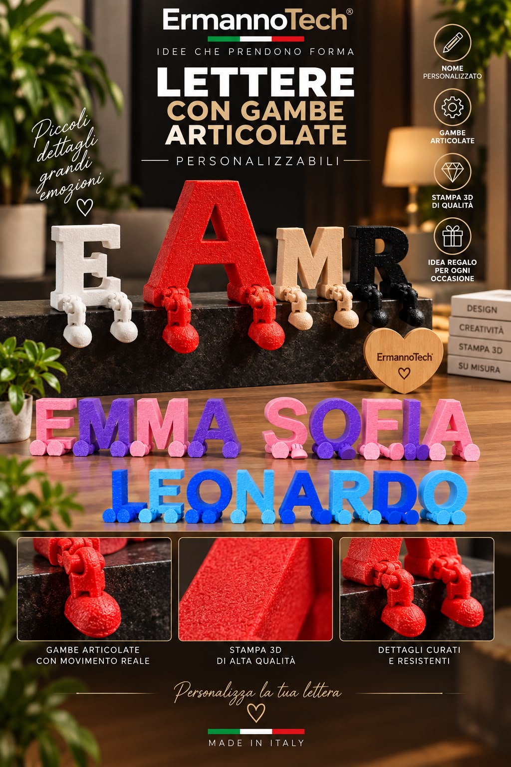 Lettere 3D con gambe articolate e nomi personalizzati
